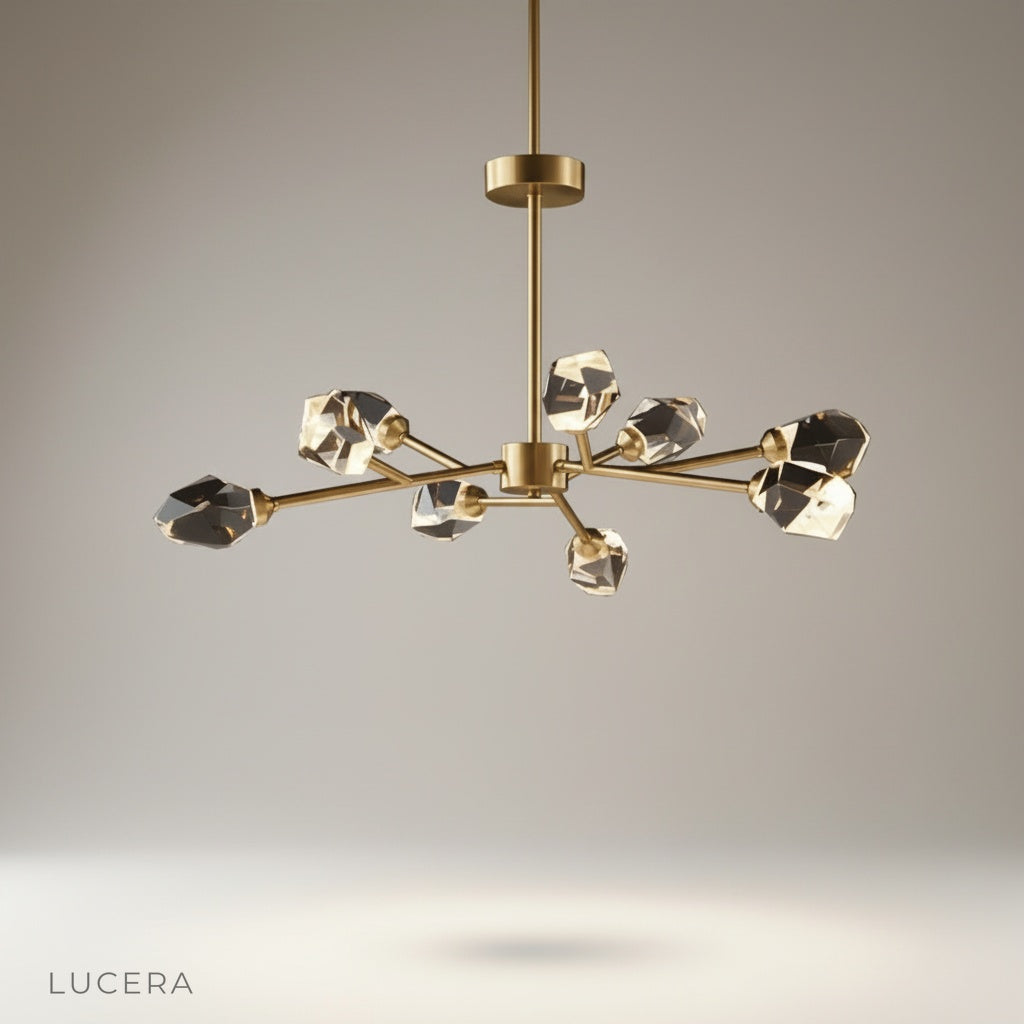 cassia chandelier studio shot on clean white background showing full crystal and copper design