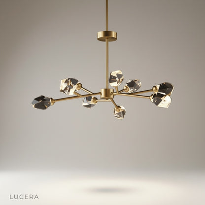 cassia chandelier studio shot on clean white background showing full crystal and copper design
