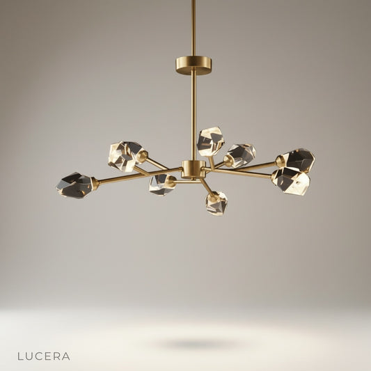 cassia chandelier studio shot on clean white background showing full crystal and copper design