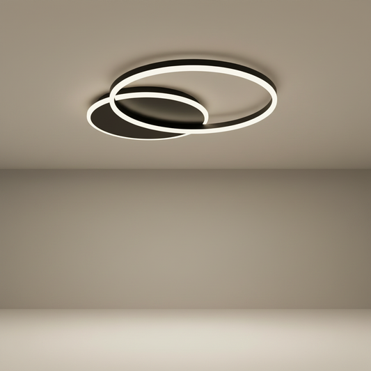 studio shot of round aluminum ceiling light with thin profile on white background