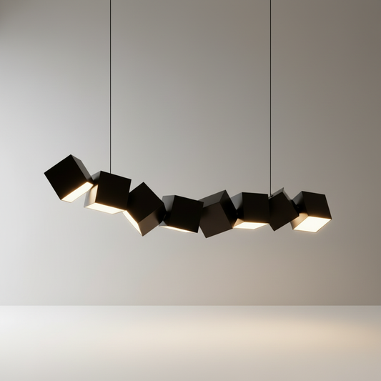 Ypsilon pendant light studio view showing white angled aluminum cube design