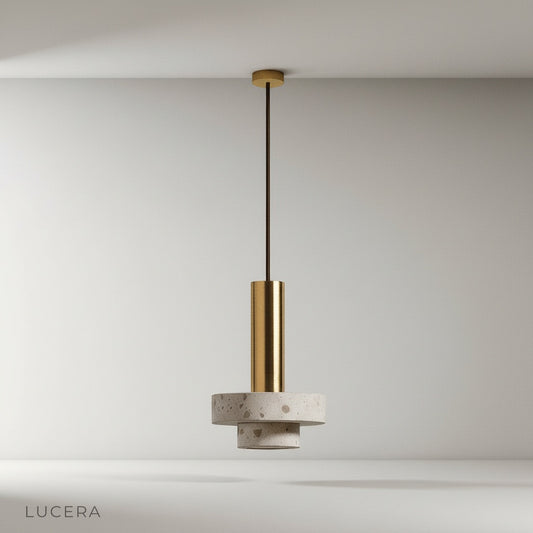 uplift pendant light studio shot front view showing geometric pink terrazzo shade