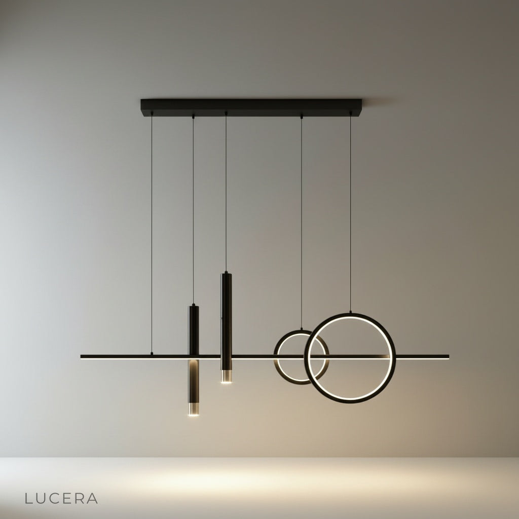 Gold Trim Pendant Light studio shot on clean white background showing sculptural rings and cylinders