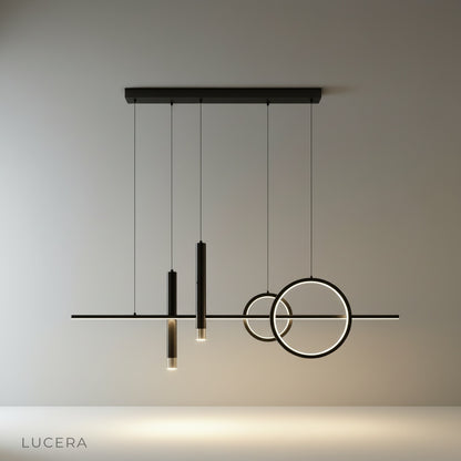 Gold Trim Pendant Light studio shot on clean white background showing sculptural rings and cylinders