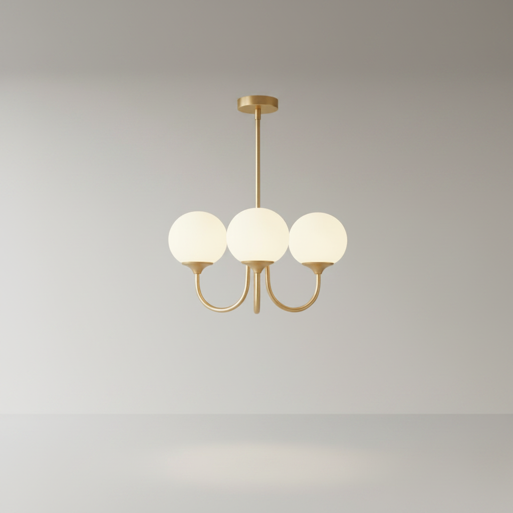 studio shot of Urbain chandelier with white glass shades against clean white background