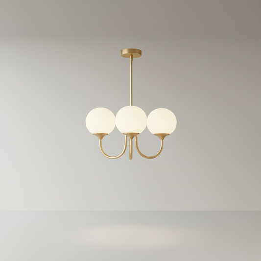 studio shot of Urbain chandelier with white glass shades against clean white background