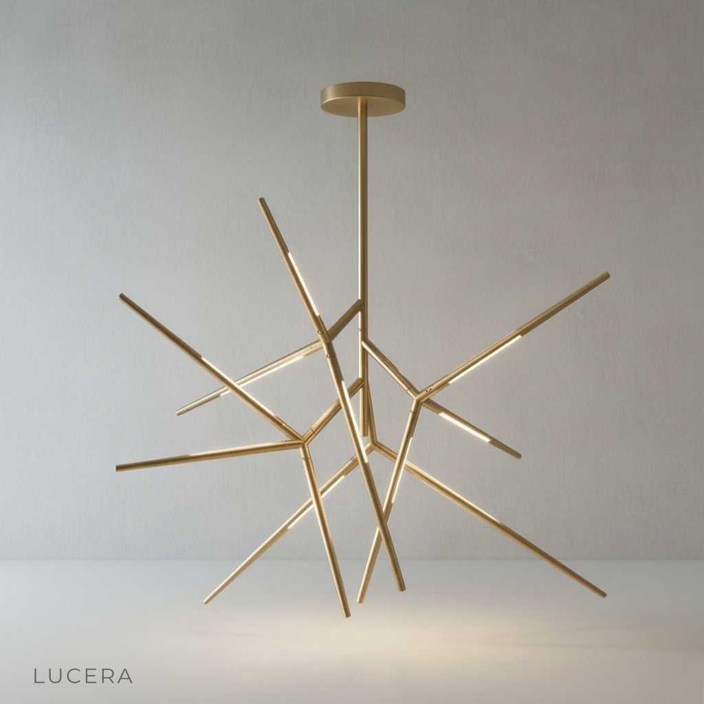 Ballad Chandelier modern spike design in elegant living room with gold accents