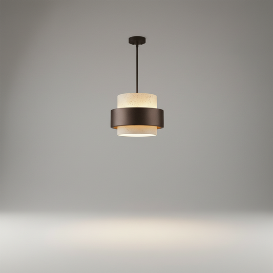 Studio shot of cylindrical Ultraviolet pendant light with natural stone and dark wood finish