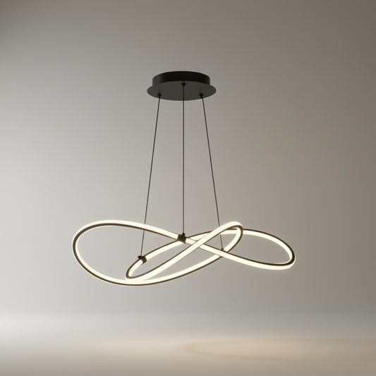 Studio shot of Fortuna Chandelier with interwoven copper loops on clean white background
