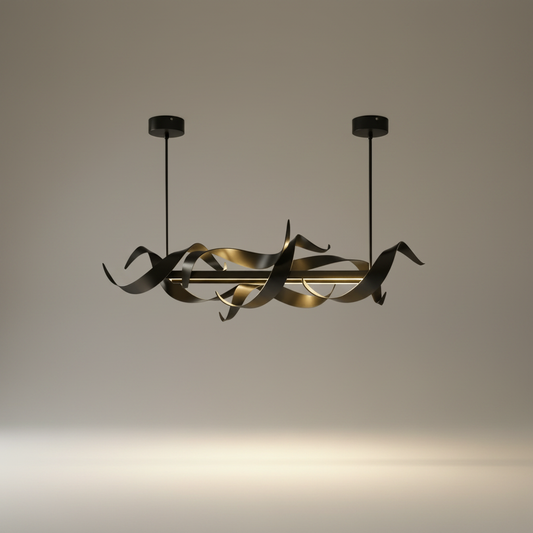 Studio shot of Seraphina Chandelier with hand-forged steel ribbons and LED frame