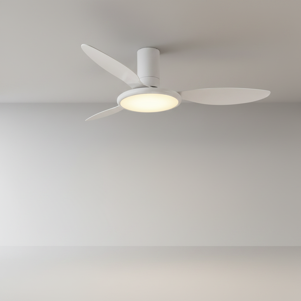 studio shot of white Umbria ceiling fan with three ABS blades from side angle