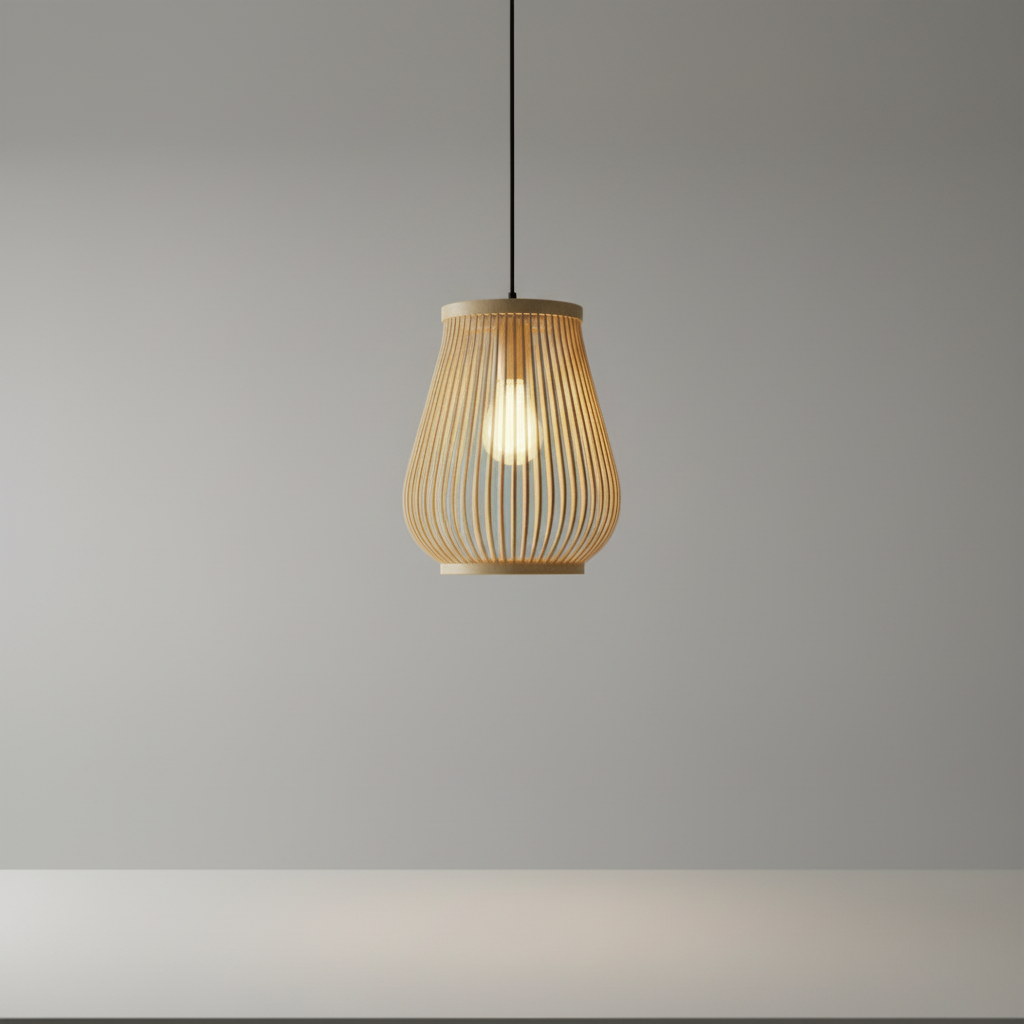 studio shot of round rattan pendant light on clean white background showing woven texture