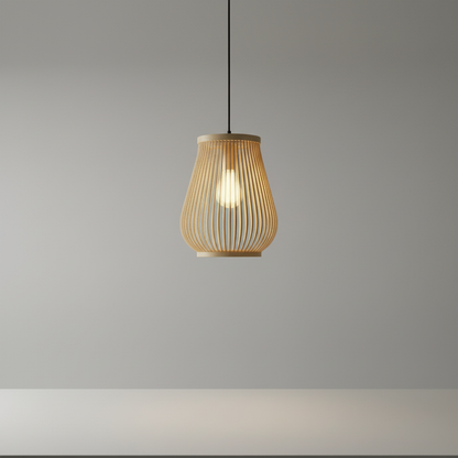 studio shot of round rattan pendant light on clean white background showing woven texture