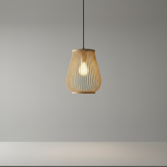 studio shot of round rattan pendant light on clean white background showing woven texture