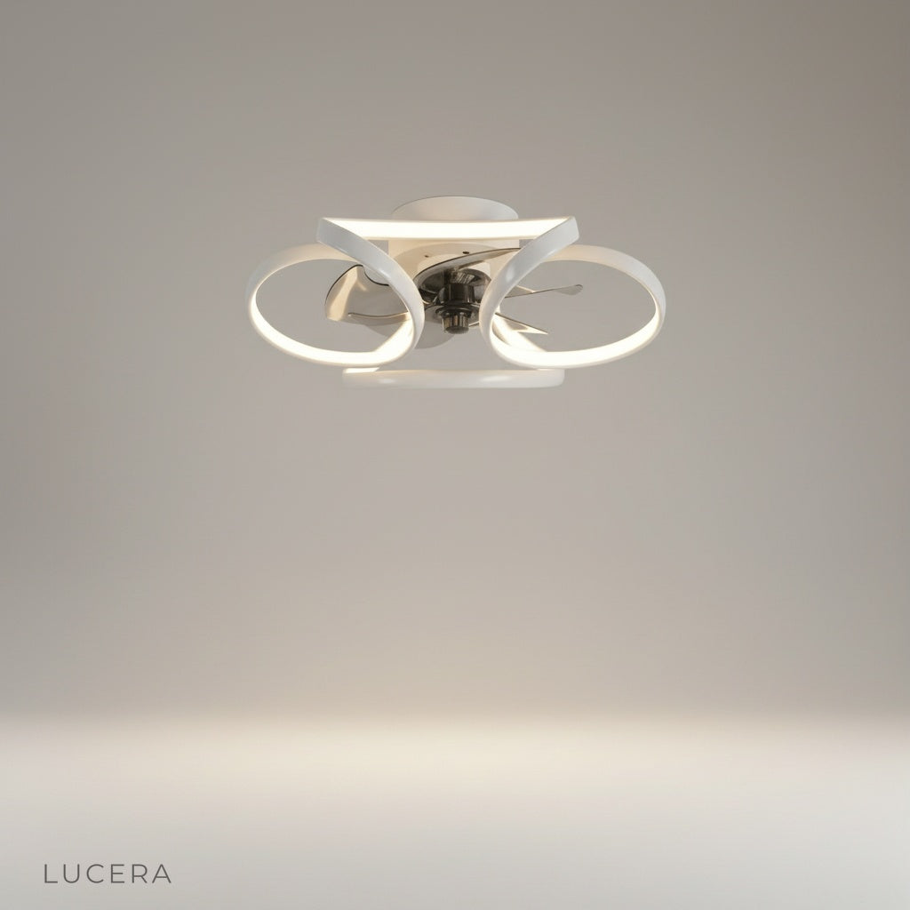 studio shot of Valentin ceiling light and fan with sleek white finish
