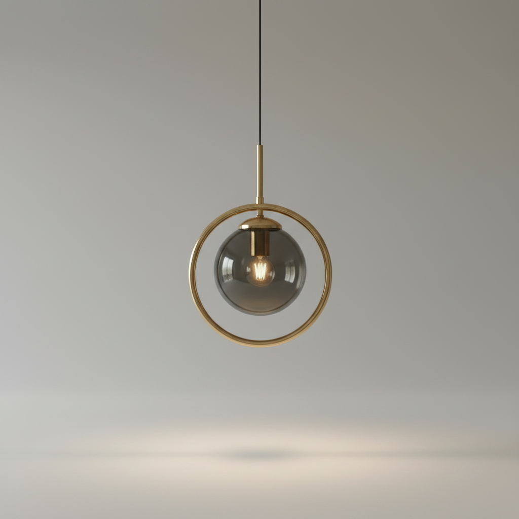 Caelus pendant light studio shot on clean white background showing gold metal ring and glass sphere