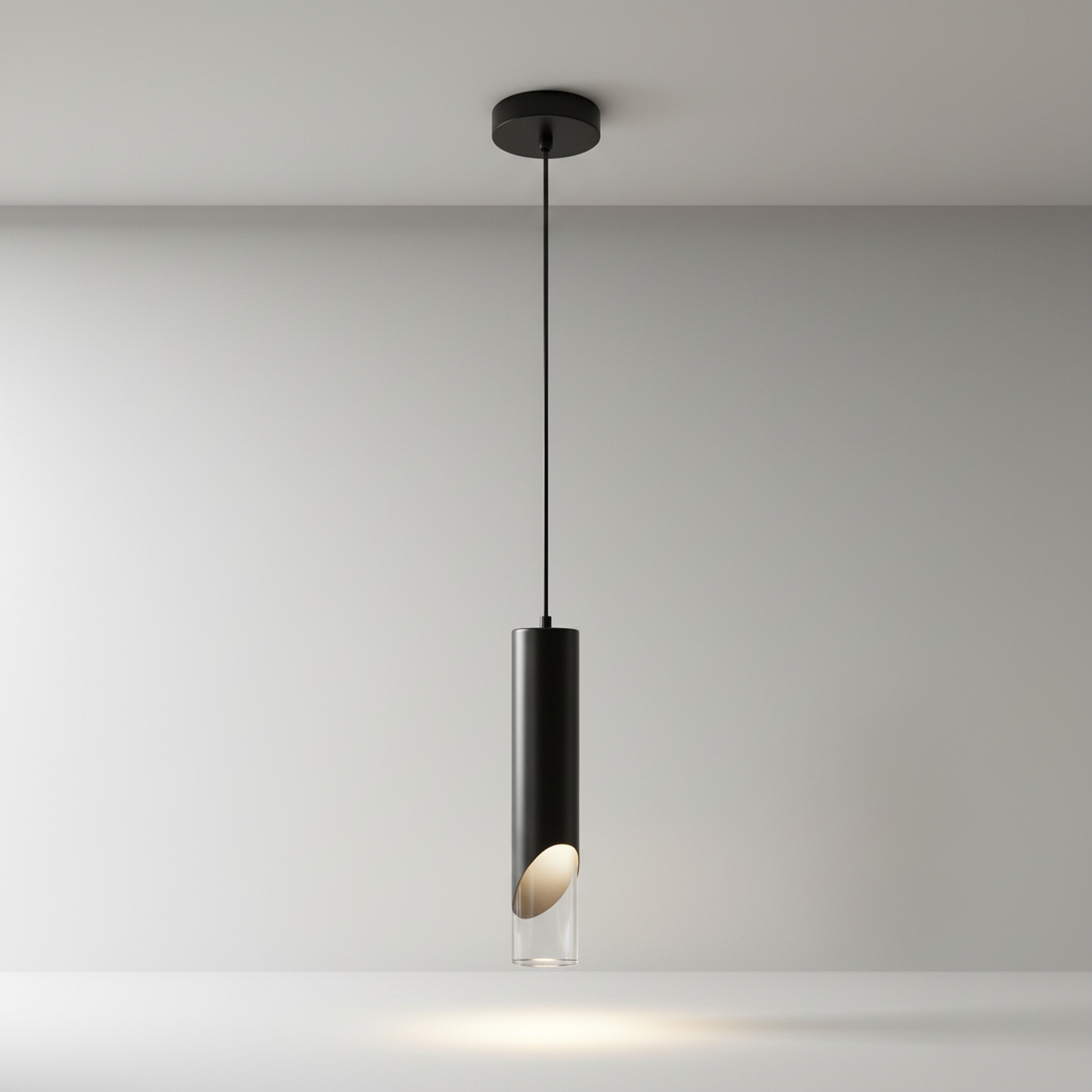 Winifred pendant light studio shot front view with aluminum shade and acrylic diffuser