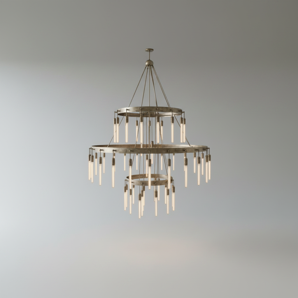 Studio shot of Wreathe 3-tier round chandelier with steel and brass hoops, front view