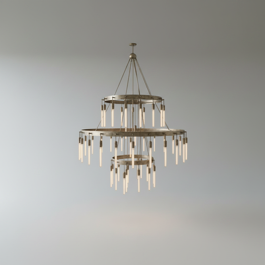 Studio shot of Wreathe 3-tier round chandelier with steel and brass hoops, front view