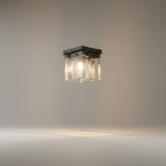 Studio shot of Zephyr Indian Red ceiling light with four textured glass panels and copper iron frame