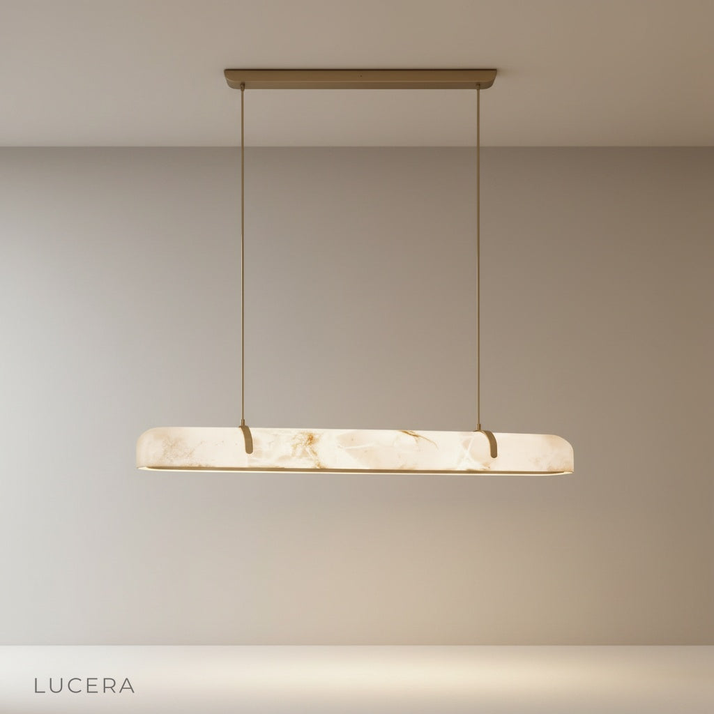 studio shot of Nerissa linear chandelier with sleek copper frame and white alabaster glass