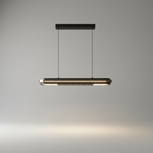 Studio shot of Lucera Nebulous Bravura linear LED pendant light on clean white background