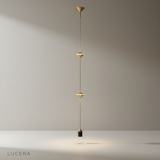 Studio shot of Lucera Abracadabra dual-cone metal pendant light on clean white background