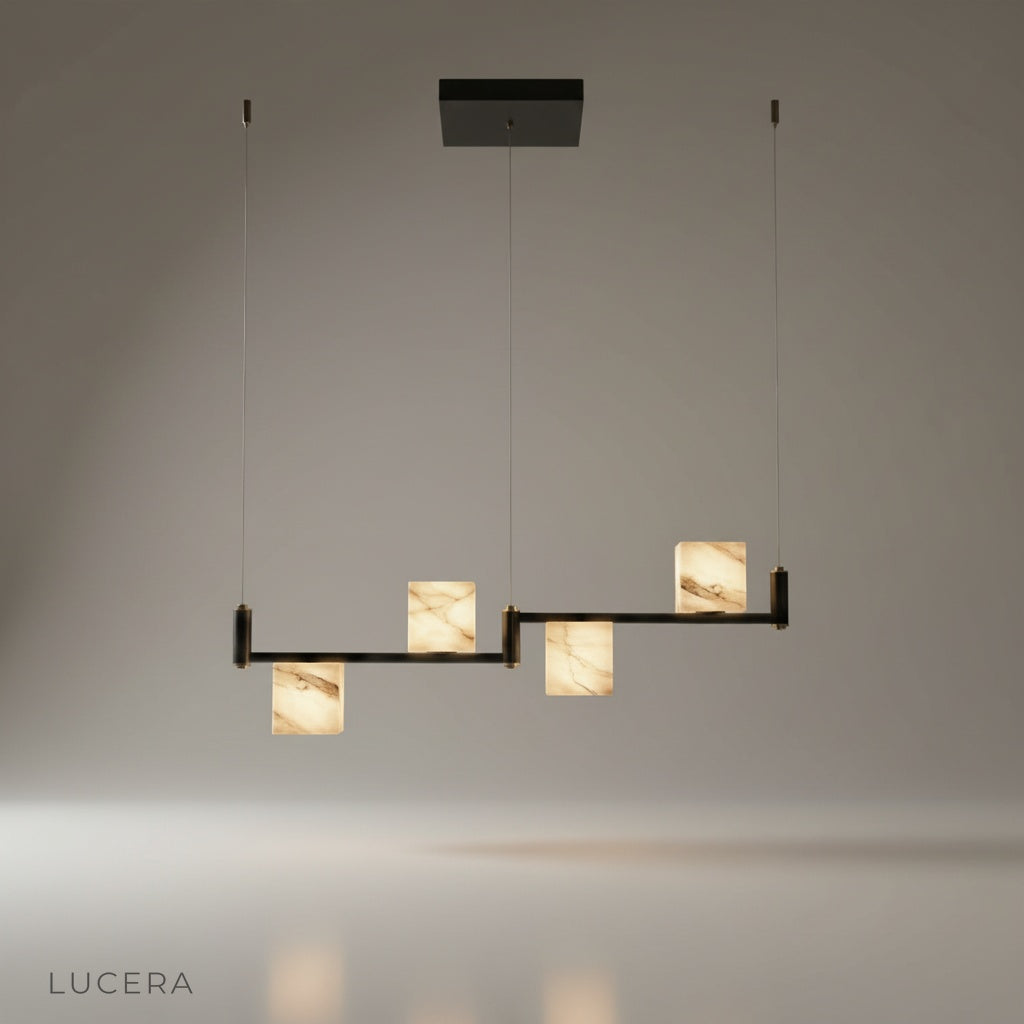 studio shot of Lodge Alabaster Chandelier with natural alabaster cubes on black metal