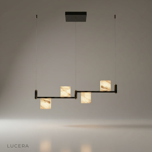 studio shot of Lodge Alabaster Chandelier with natural alabaster cubes on black metal