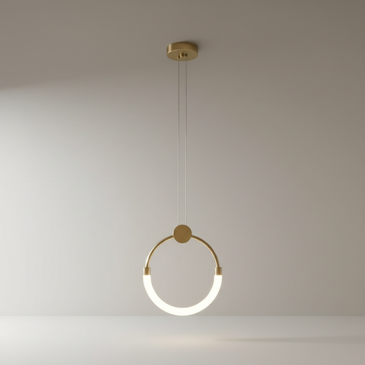 studio shot of xenotime pendant light showing metal arc and semi-circular acrylic shade