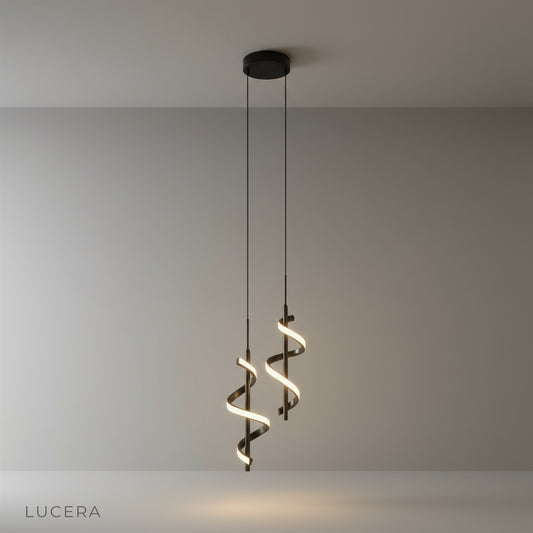 studio shot of canyon pendant light with sleek metal spiral design