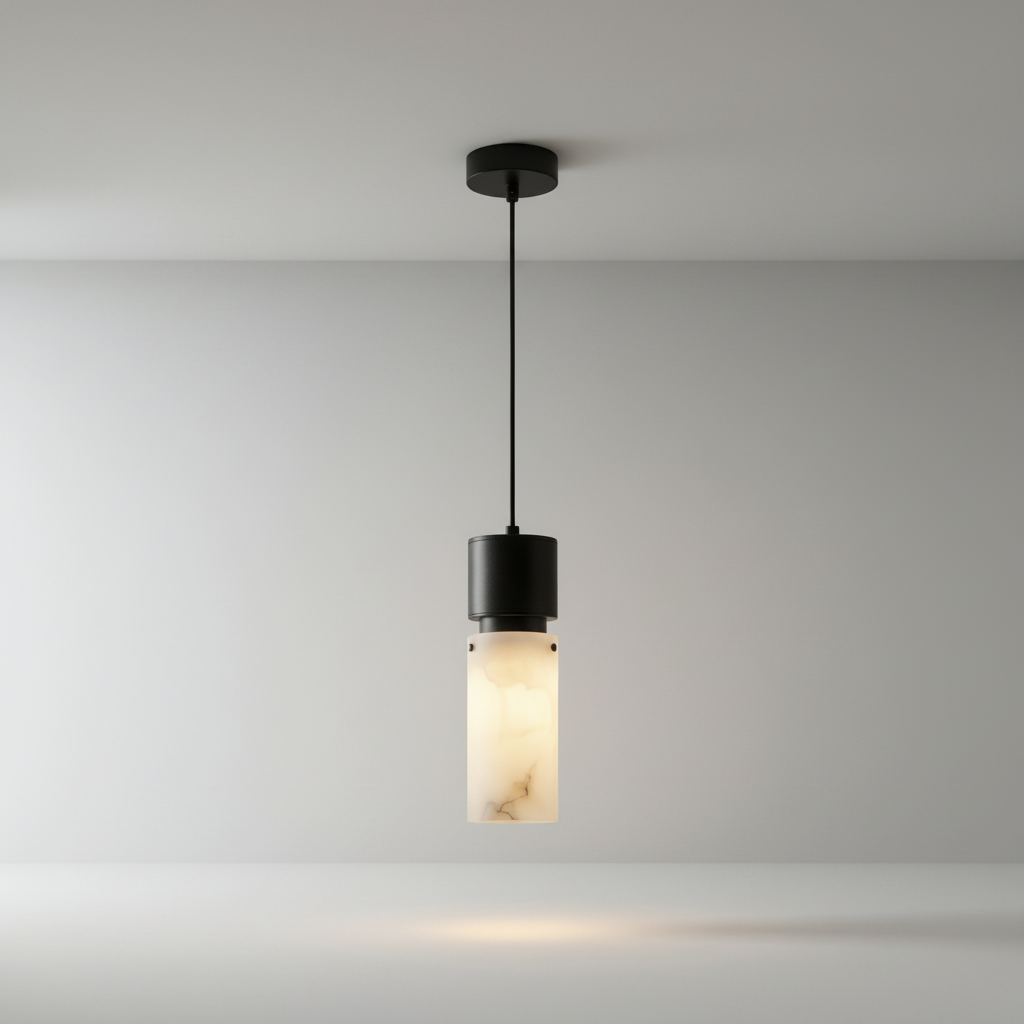 Studio shot of Hematite pendant light front view showing sleek copper-accented frame and cylindrical alabaster shade