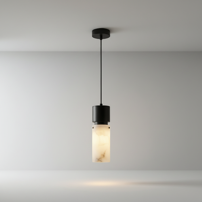 Studio shot of Hematite pendant light front view showing sleek copper-accented frame and cylindrical alabaster shade