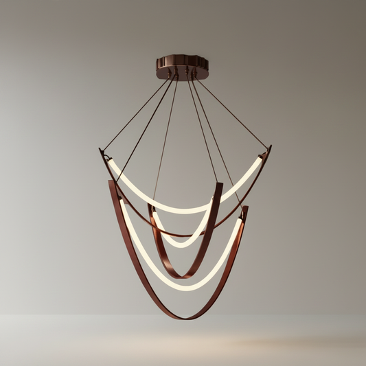 studio shot of Oceanus chandelier front view with clear glass arcs and brown leather straps