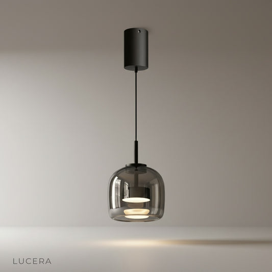 Lucera Mellifluous pendant light studio shot on clean white background showing sleek metal shade