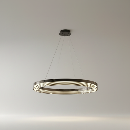 Zaffre dual ring LED chandelier front view on clean white studio background with polished aluminum finish
