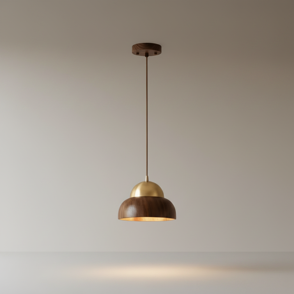 studio shot of Ultimo wood pendant light showing rounded wood shade and copper cap
