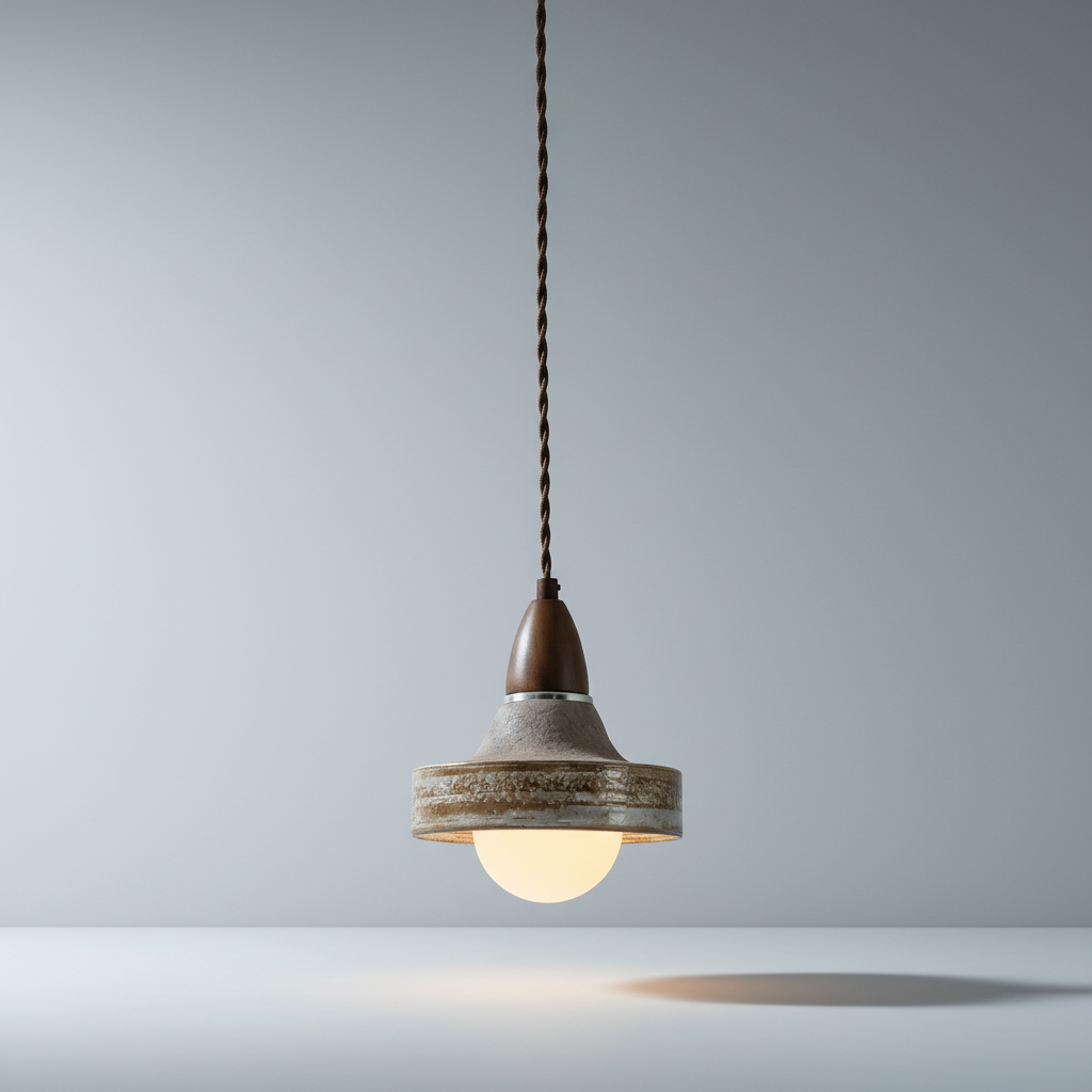 Handcrafted ceramic and wood pendant light on clean white studio background