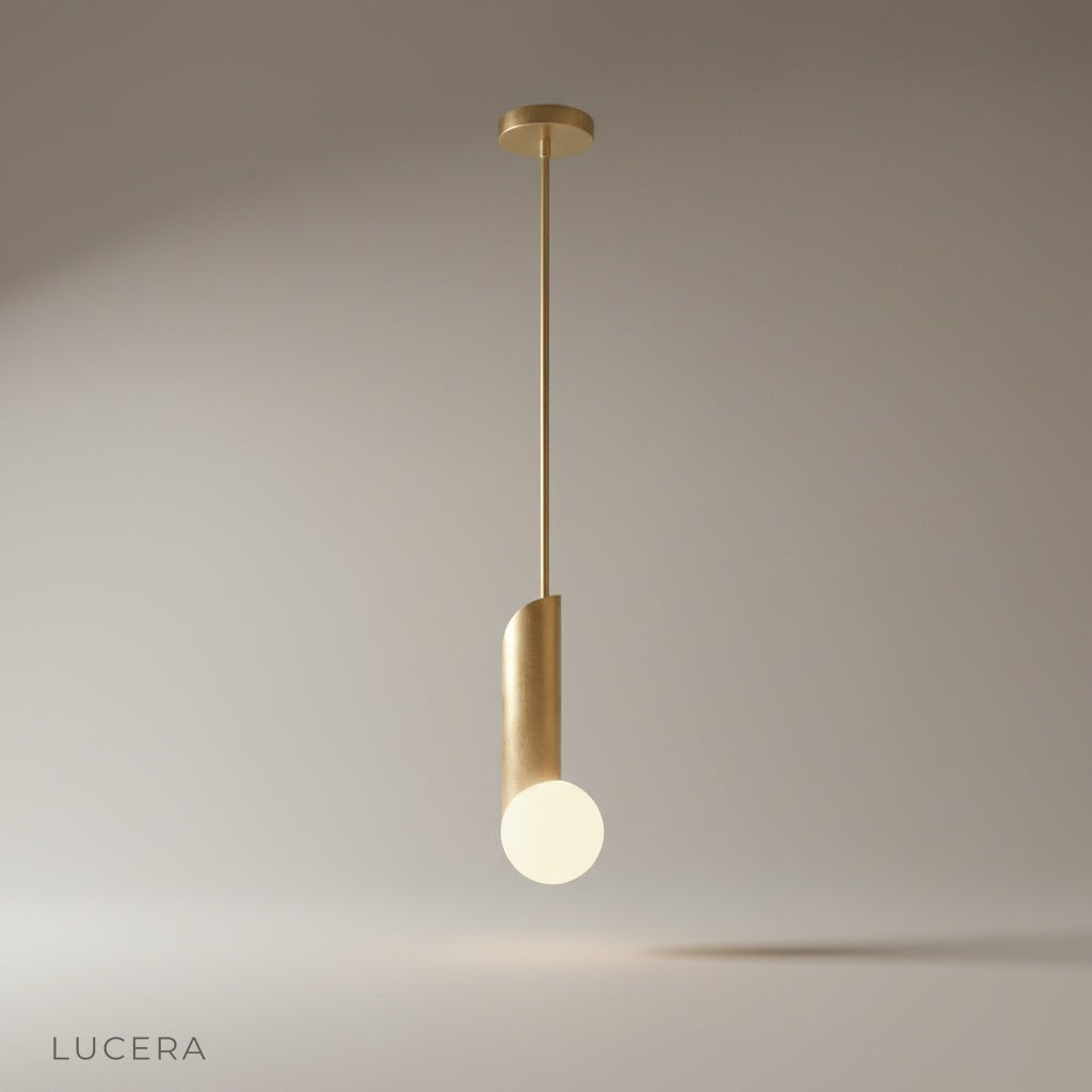 studio shot of Yancy pendant light with sleek metal rod and iron details on clean background