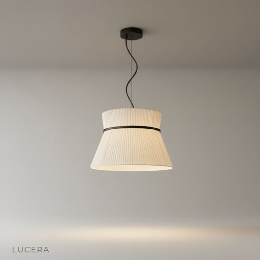 minimalist Ilaria pendant light with premium fabric shade shown in a clean studio setting