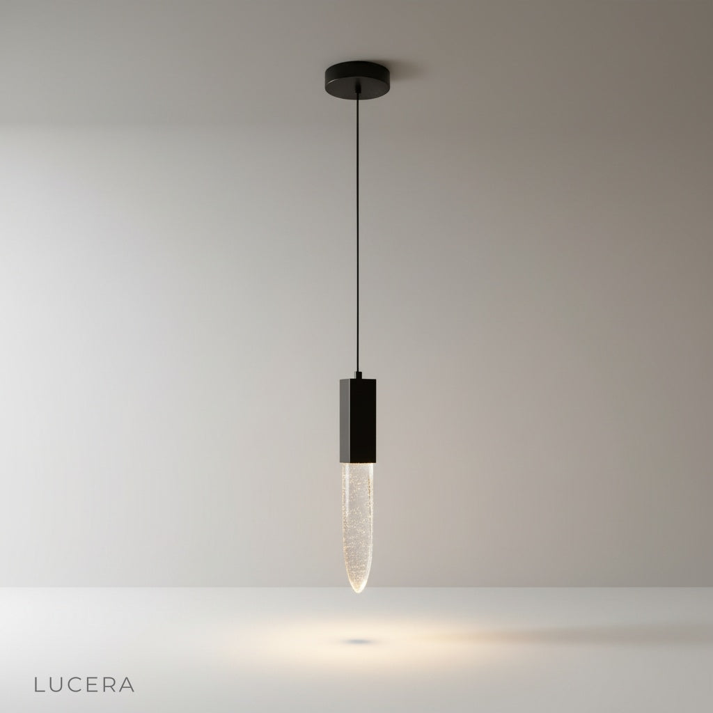 studio shot of Terra pendant light with elongated crystal diffuser on clean white background
