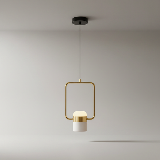 Studio shot of Tone Pendant Light with black iron alloy frame and frosted glass shade