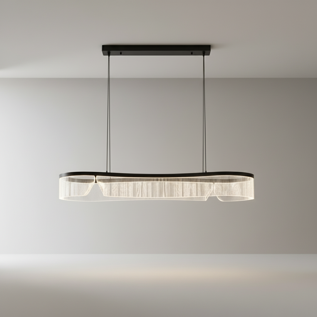studio shot of translucent chandelier with undulating acrylic shade and adjustable cables