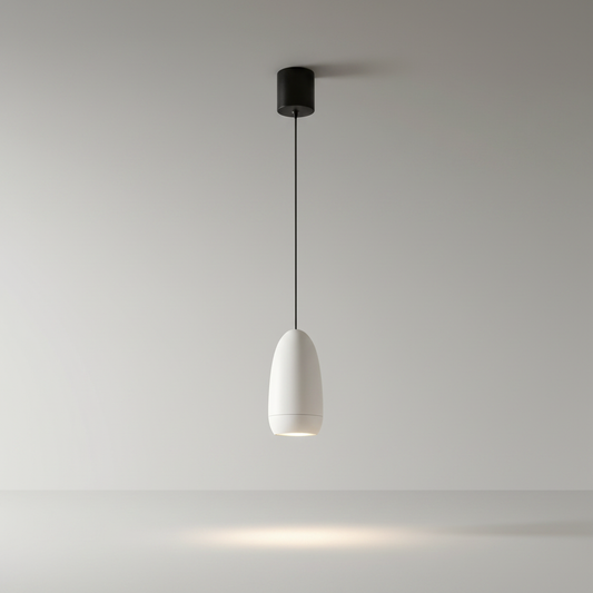 studio shot of brushed aluminum capsule pendant light on clean white background