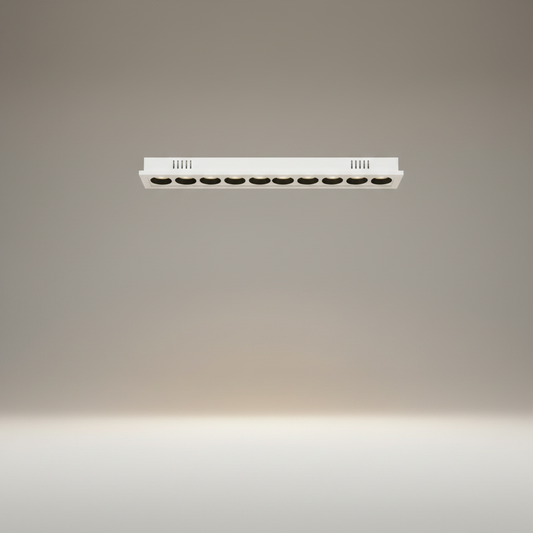 studio shot of Knoll downlight slim rectangular aluminum housing with black reflector
