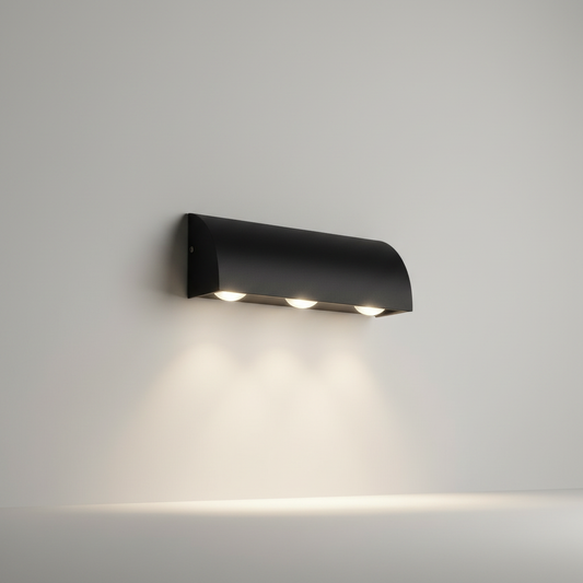 studio shot of Elaxi outdoor wall lamp front view showing three bulb shades