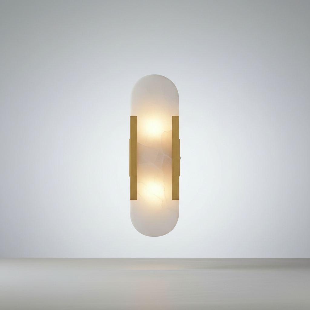 Studio shot of Nettle wall lamp with gold frame and white marble shade on neutral background