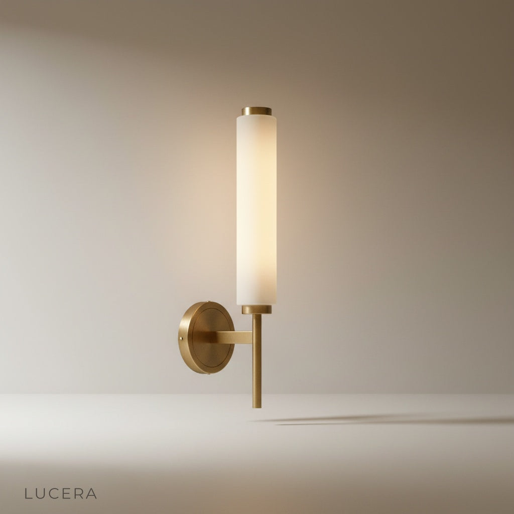 Minimalist studio shot of Boreas wall lamp front view against clean white wall