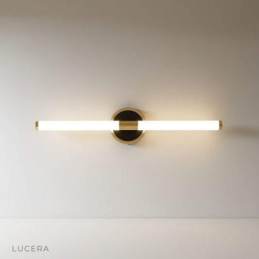 studio shot of Rosewood wall lamp in matte black aluminum and acrylic front view