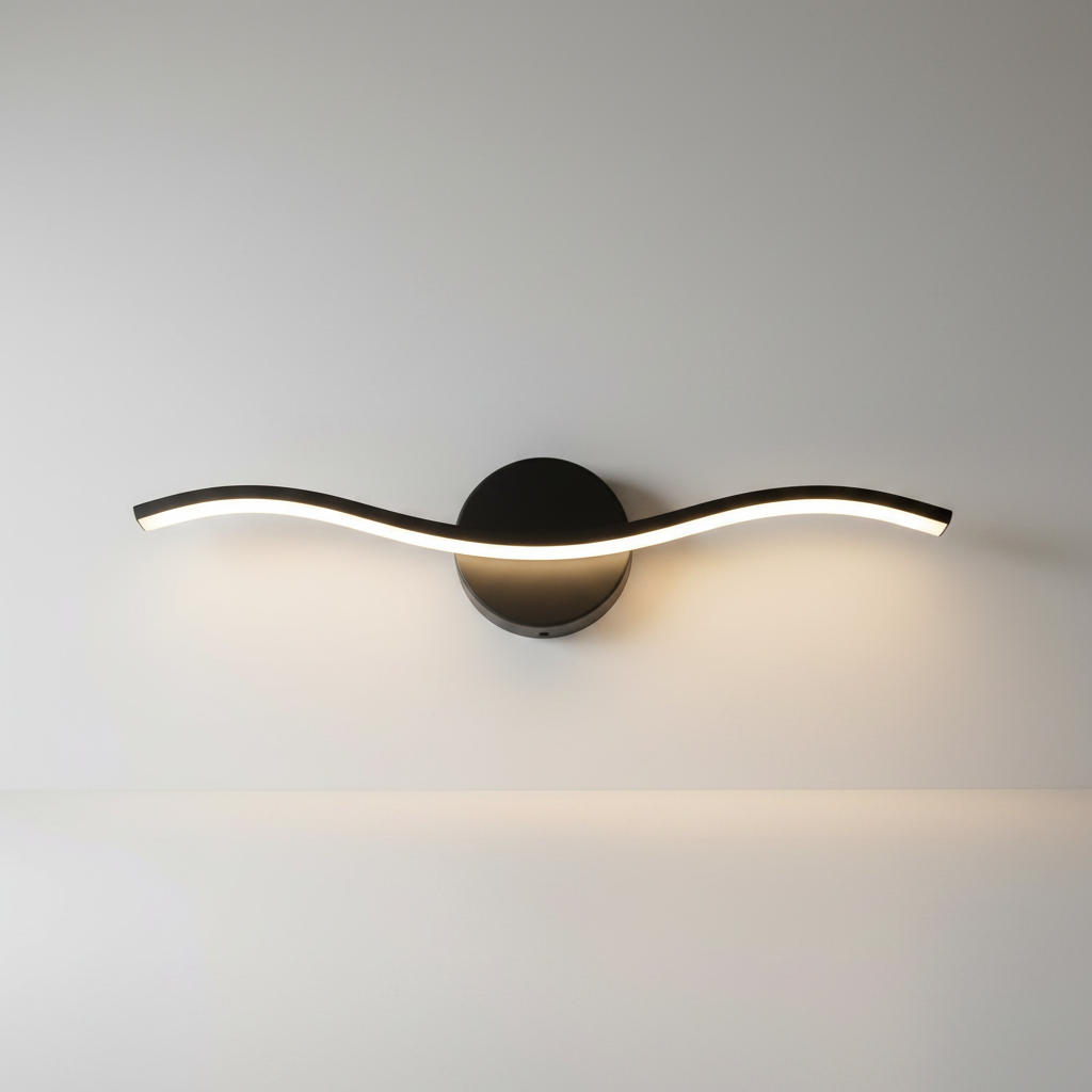 studio shot of black volcanic wall lamp with curved iron and aluminum body front view